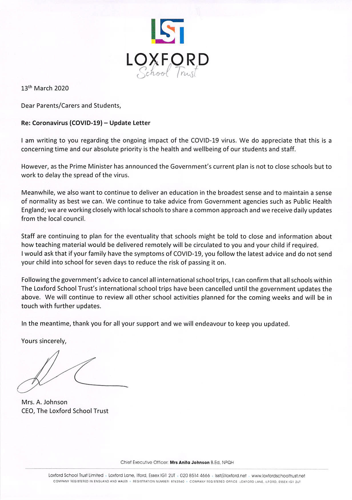 LETTER TO PARENTS 13 MAR 20 1