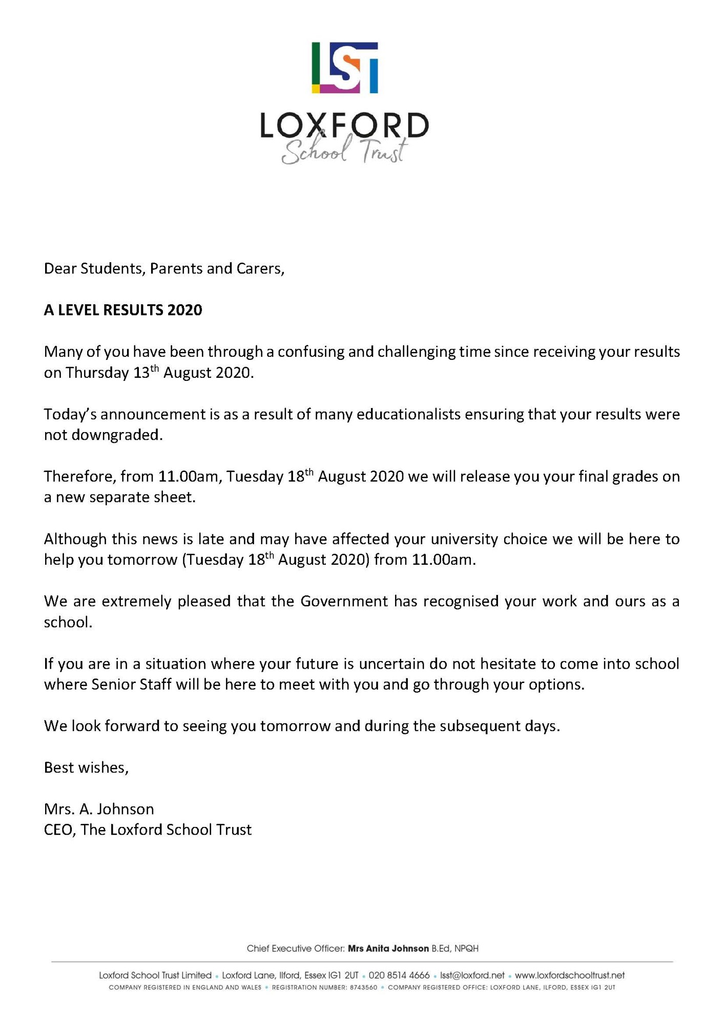 Letter for Website   A Level Results